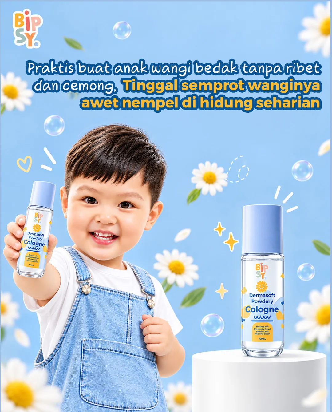 Anak memegang BIPSY Dermasoft Powdery Cologne